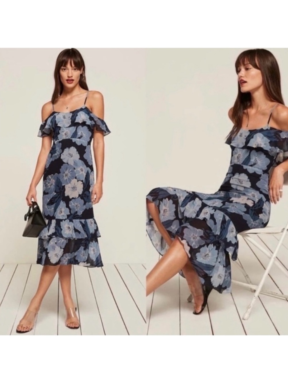 Reformation Navy Floral Off-Shoulder Ruffle Midi Dress